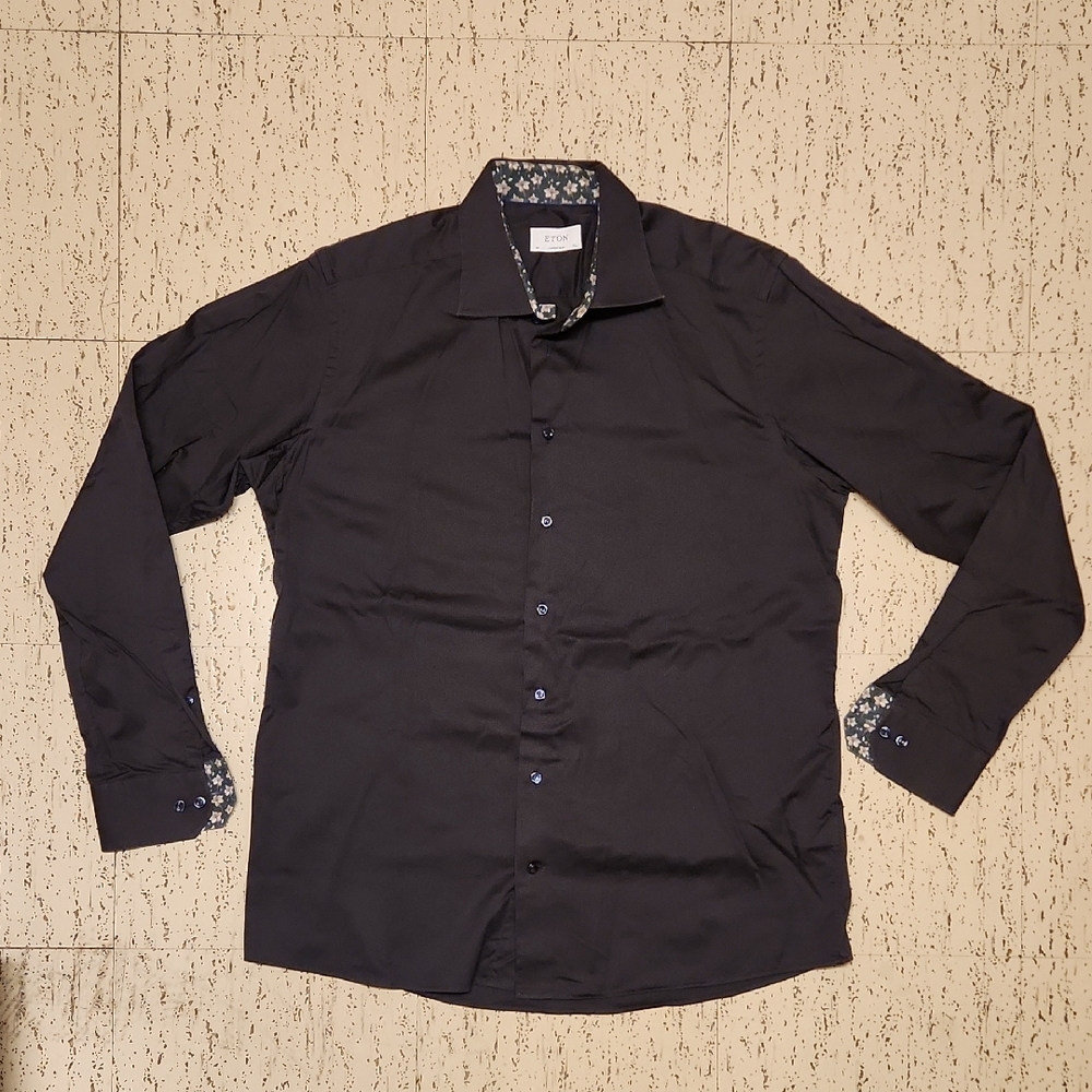 Eton Contemporary Blue Floral Pattern Long Sleeve Button Down Casual Dress Shirt